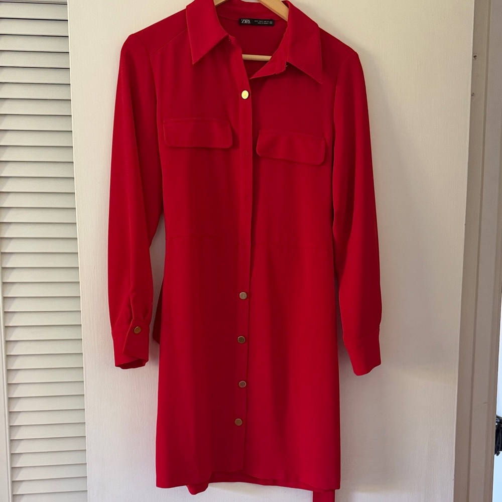 Zara Red Long-Sleeve Shirt Dress with Gold Buttons